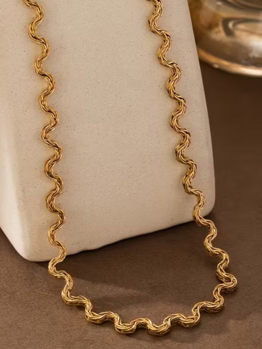 NWT 18K Gold Plated Stainless Steel Wavy Ripple Chain Necklace Minimalist Layeri